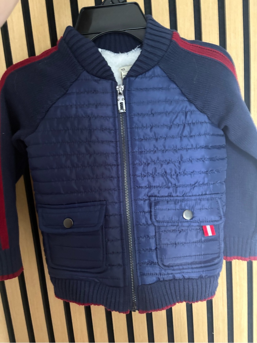 Kids Navy Quilted Jacket with Red Stripe Detail - NWOT
